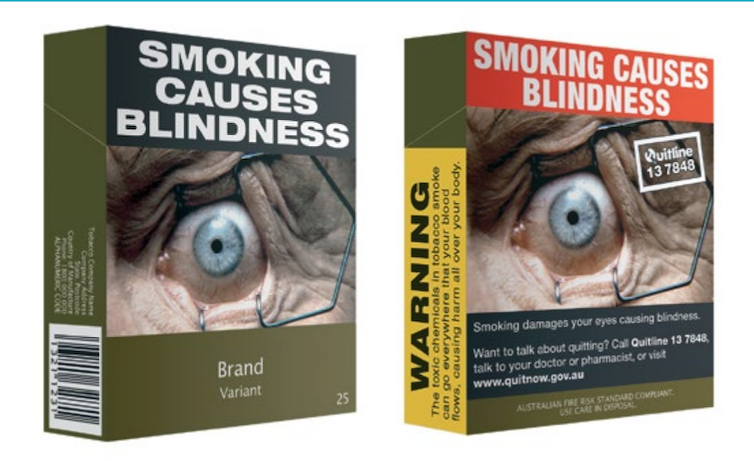 Cigarette packs showing an eyeball and the warning 'smoking makes you blind'