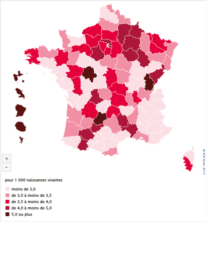 Infant mortality rate per 1,000 live births by mother's department of residence over the period 2019-2021